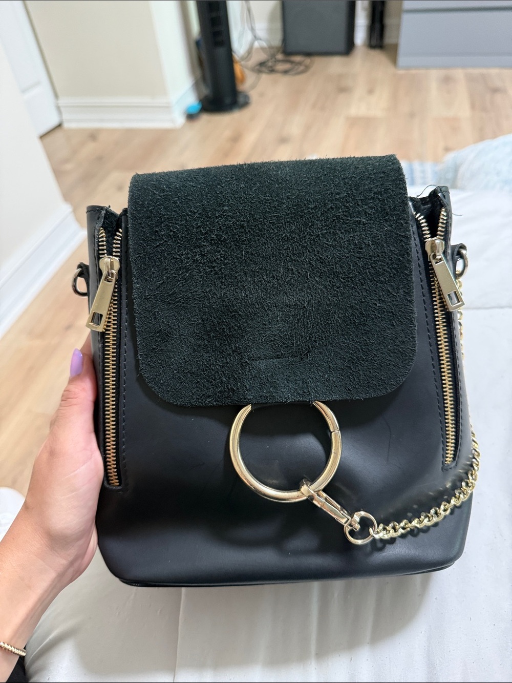 Black Suede-Flap Crossbody with Gold Ring Accent